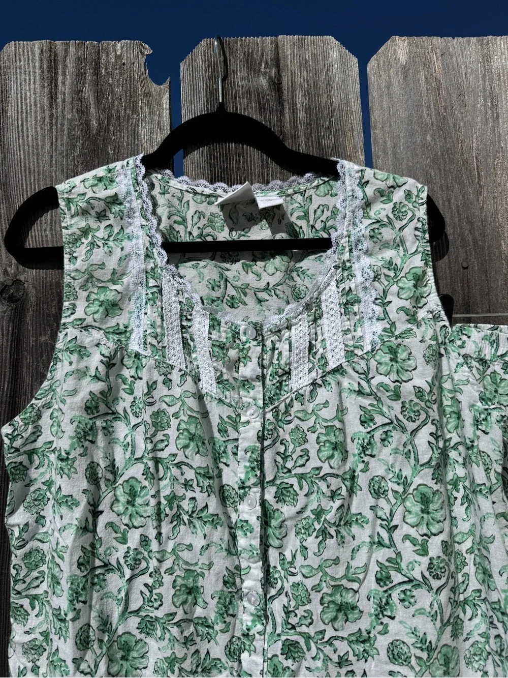 Vintage 100% Cotton Tank Top Green Floral Pajama Top & Matching Capri Set